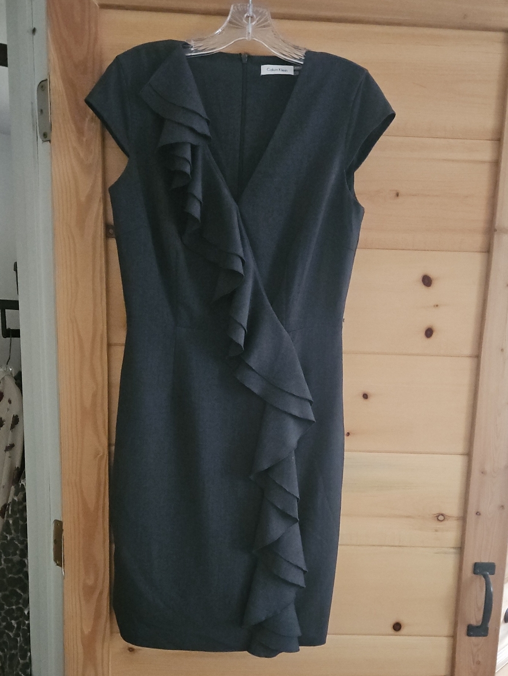Calvin Klein Ruffle Sheath Midi Dress In Charcoal Grey